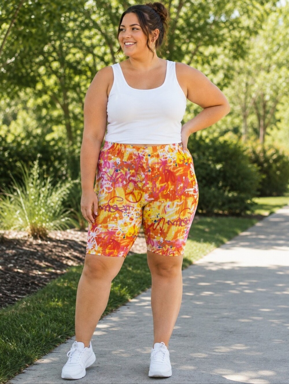 Paper + Tee Graffiti Print Biker Shorts Women's 1X Bright Multicolor Stretch